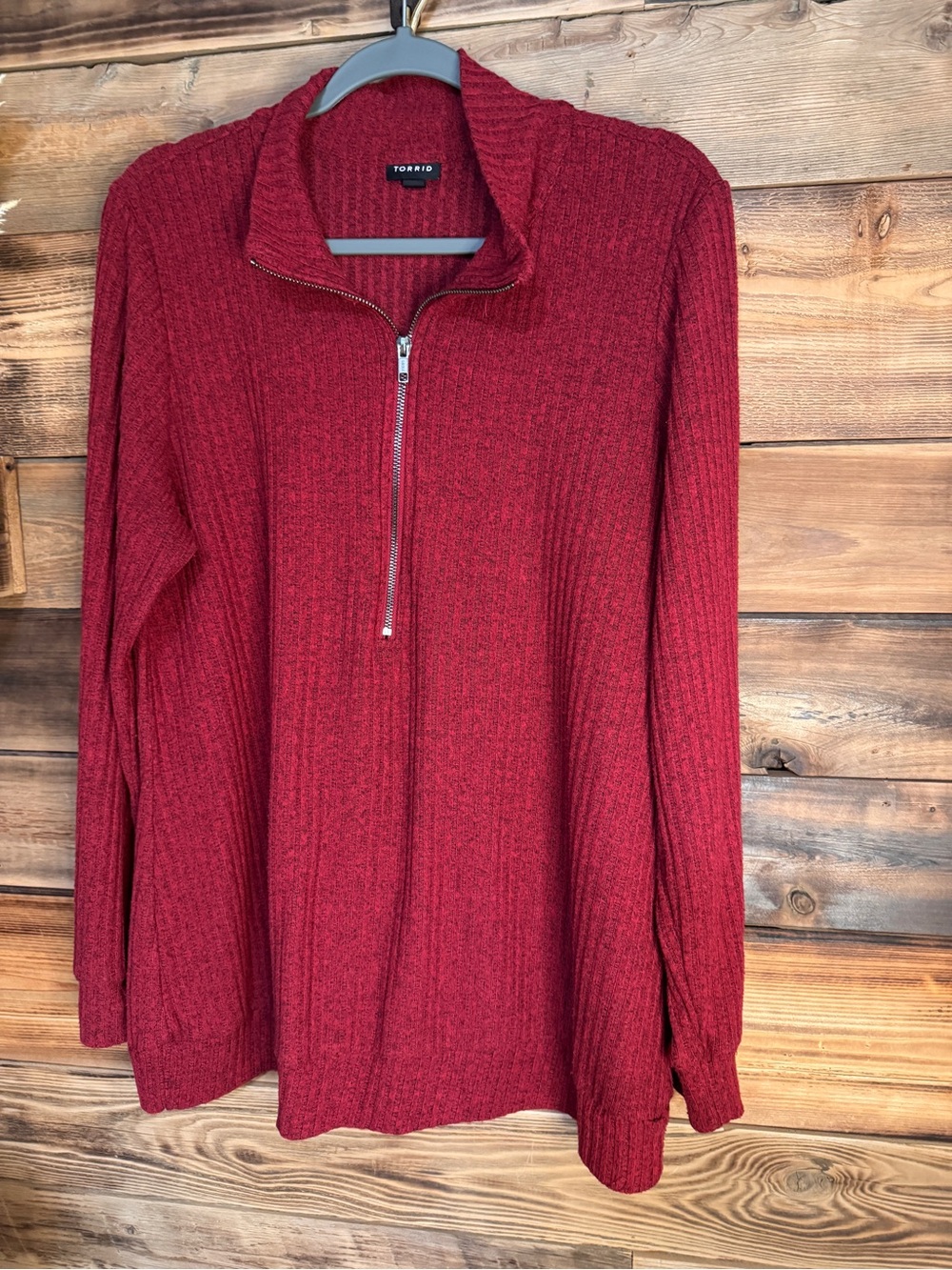 Torrid Women’s 18 Plus Red Rib-Knit Mock Neck Zip Long Sleeve Pullover Sweater